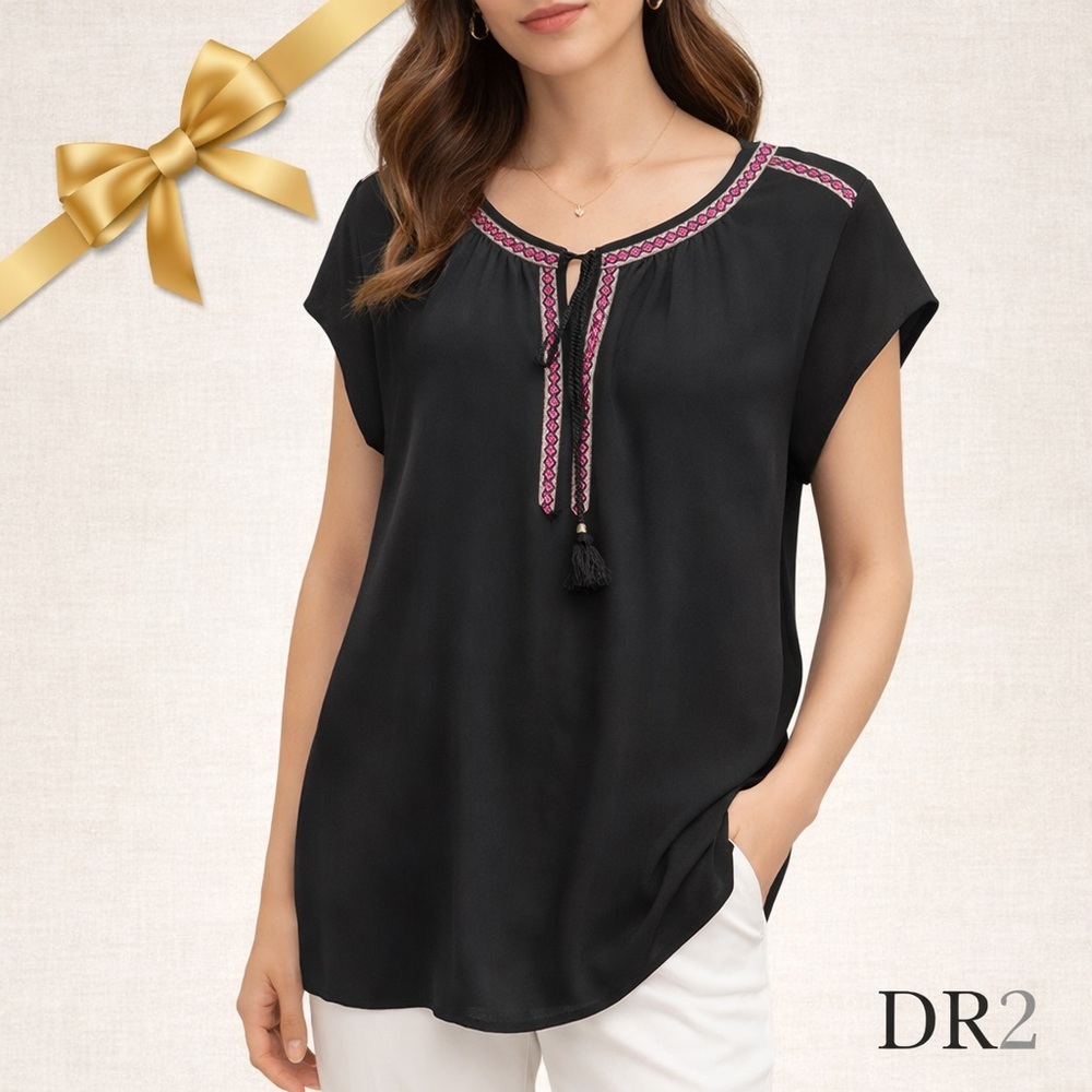 DR2 Embroidered Trim Blouse Black Pink Size L